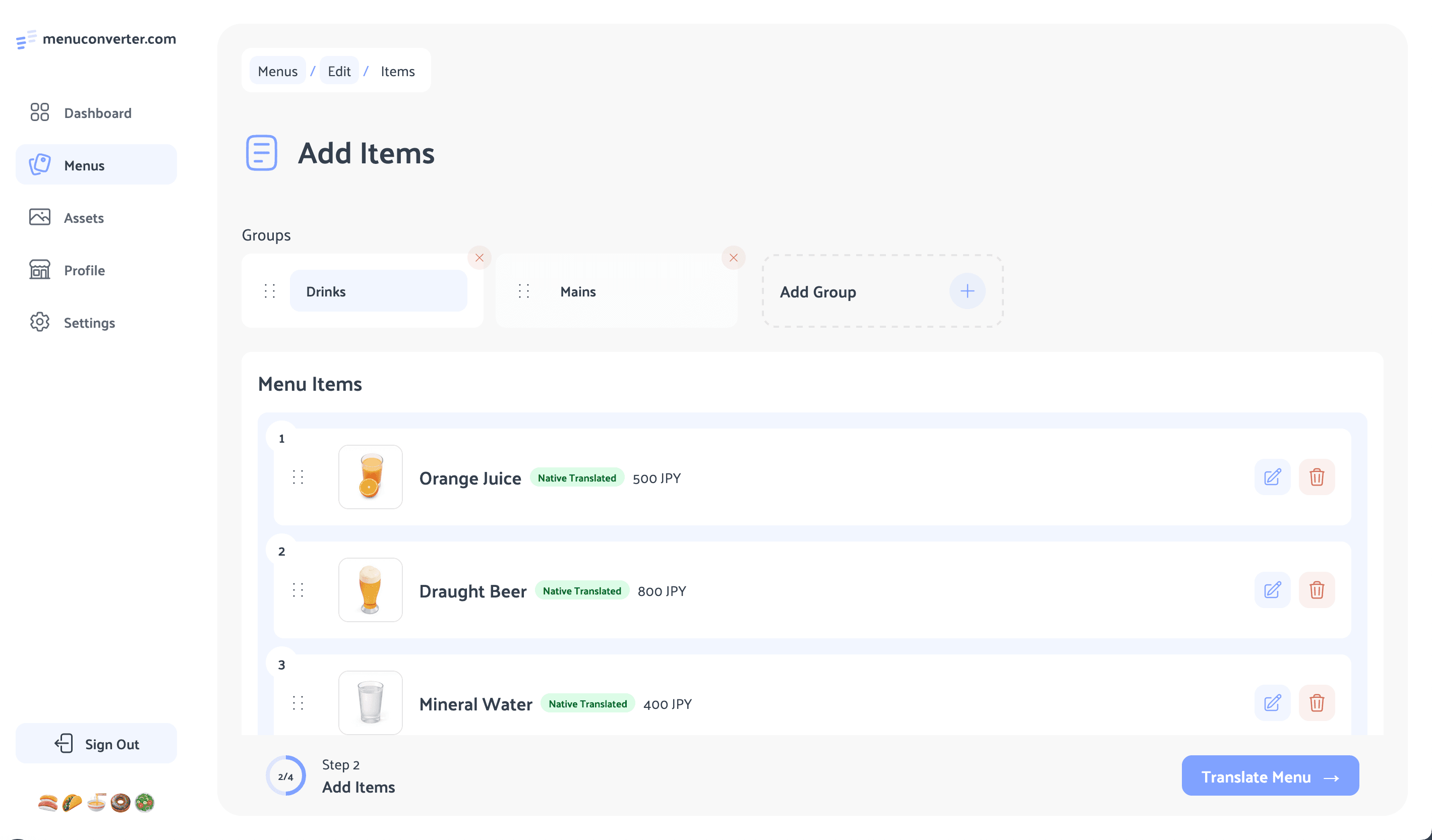 Dashboard screenshot for Add Menu Items